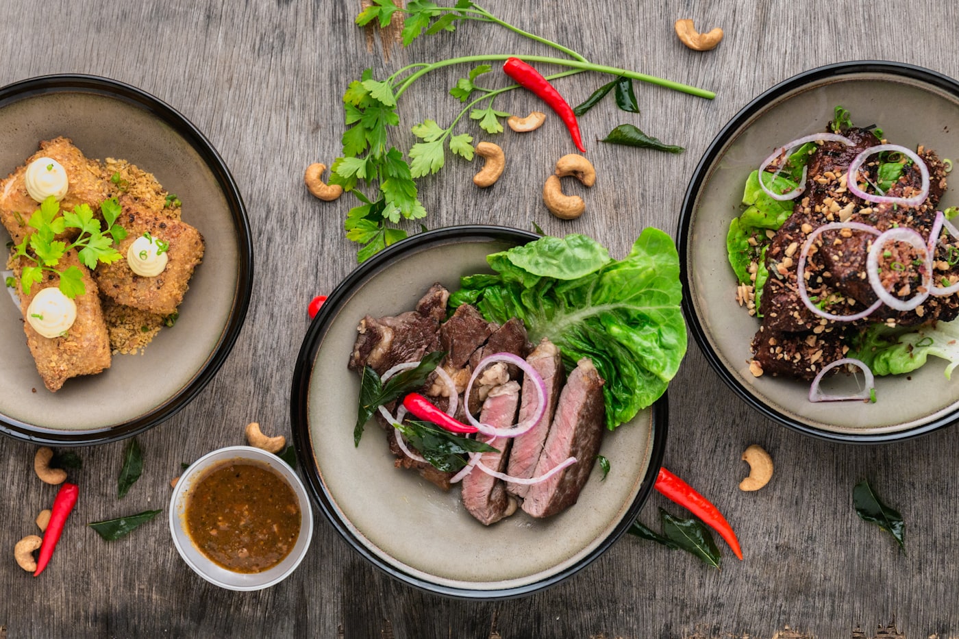 A spread of freshly cooked international dishes