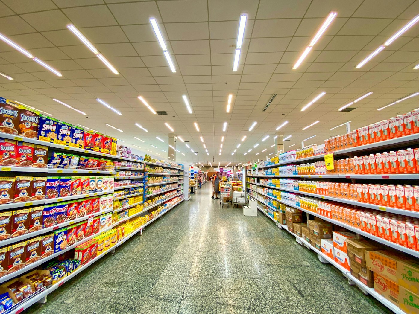 Well-stocked supermarket shelves